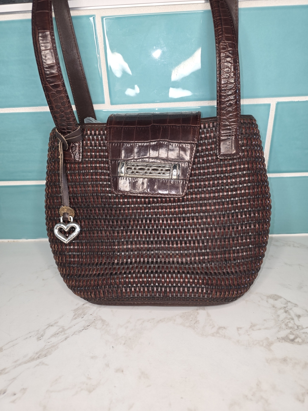 Brighton Vintage  Dark Brown Woven Shoulder Bag with Heart Charm